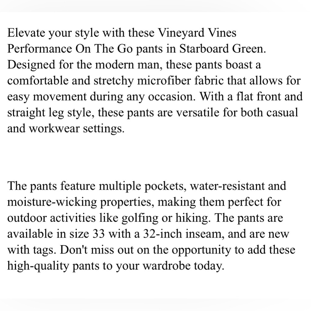 Vineyard Vines Golf Pants Performance On The Go 33 x 32 Starboard Green - Picture 7 of 7